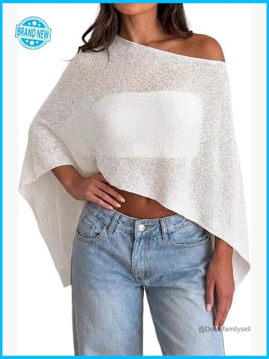Other - Sheer Crochet Poncho Top Y2K Knitted Summer Mesh Asymmetrical Cover Up